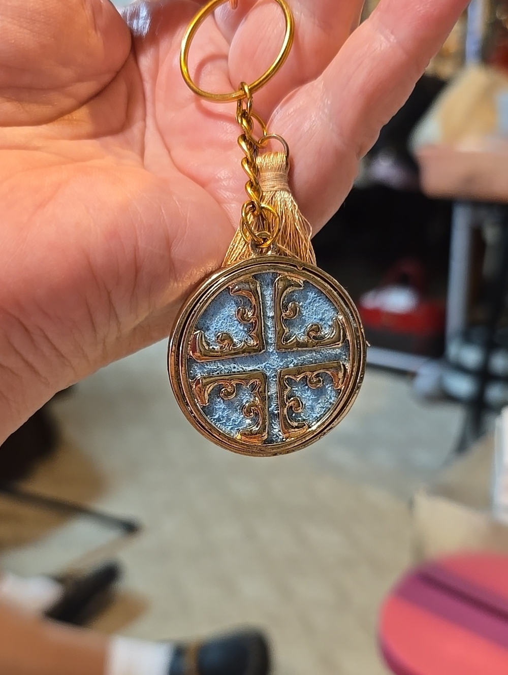 Tory Burch Gold and Blue Medallion Keychain Tassel Pendant Bag Charm